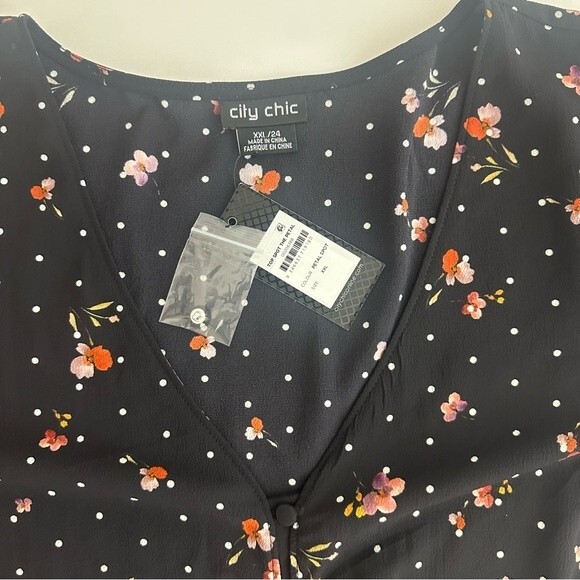 City Chic Spot The Petal Black Floral polka dot print Relaxed fit Button Up XXL - Picture 11 of 15